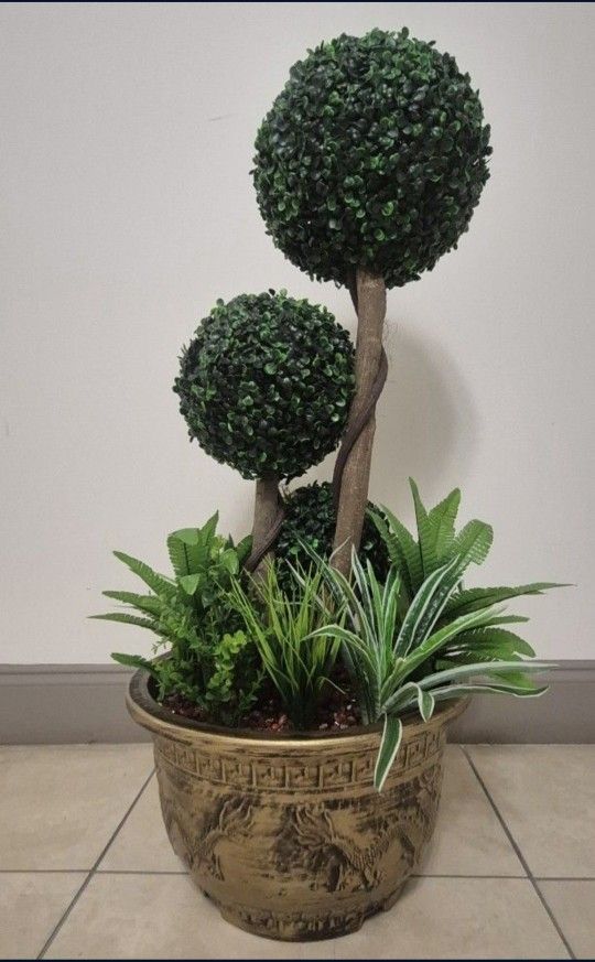 38" Faux Boxwood Topiary Topped with Red Agate Stone / Greenery in a 15" Resin Planter @ Lasting Creations
