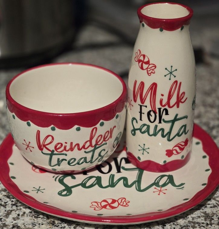 Sleigh Bell Ceramic Cookies for Santa Plate, Milk Bottle And Reindeer Treats Bowl Set