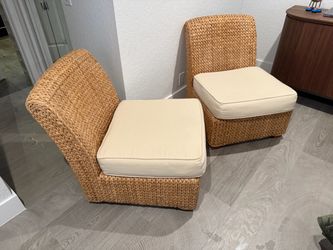 Set of 2 Woven Rattan Accent Chairs w/ Cushions