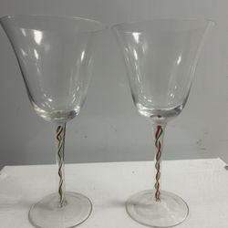 Pair Hand Blown Twisted Ribbon Swirl Stemmed Red White Green Goblet.