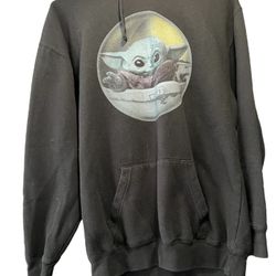 Mandalorian Baby Yoga Black Sweatshirt with Hoodie Size Medium.  Full measurements on pictures Comes from a pet and smoke free household  B16 