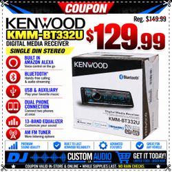Kenwood Bluetooth Stereo System Single Din Am Fm Radio USB Aux Am Fm Tuner 13-Band Equalizer KMM-BT332U