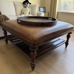 ThomasVille leather and wooden ottoman and wooden tray for sale!