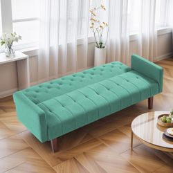 74" Linen Futon Sofa Bed, Adjustable Backrest Convertible Loveseat Sleeper Couch with Tapered Wood Legs for Small Space Living Room, Green