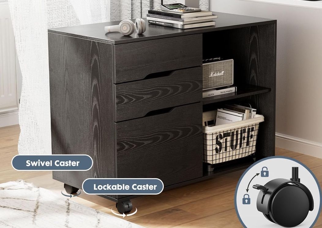 3-Drawer File Cabinet, Lateral Mobile Filing Cabinet Wood Storage Organizer with Wheels, Printer Stand & Open Shelves for Home Office Under Desk Organ