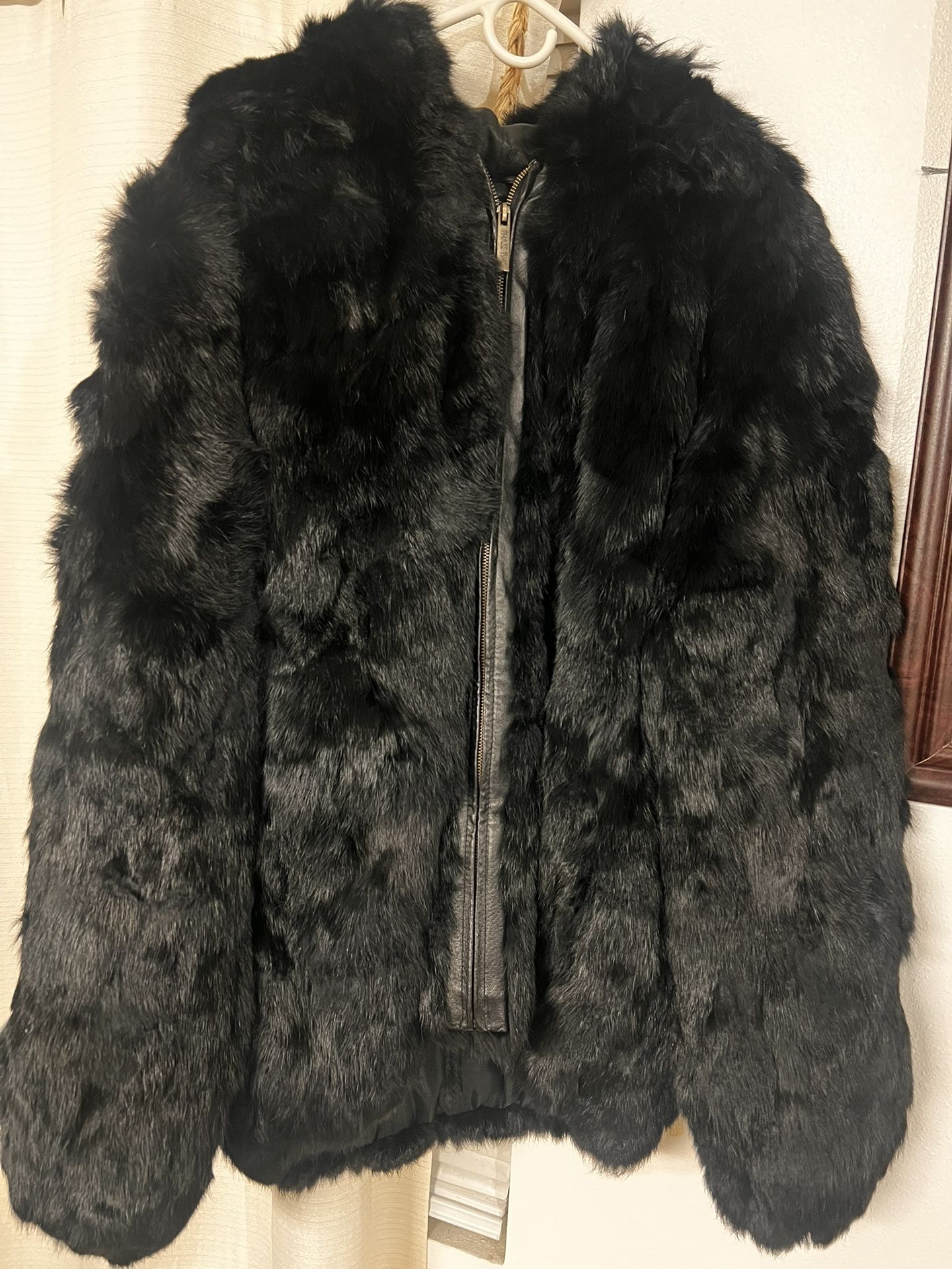 Black Genuine Fur + Leather Trim Jacket – Size L