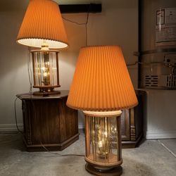 2 Mid Century Don Ward Etched Amber Glass Panel Wood & Brass Table Lamp Vintage