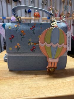 Betsey Johnson Floral Denim Crossbody Bag with Hot Air Balloon Charm nwt