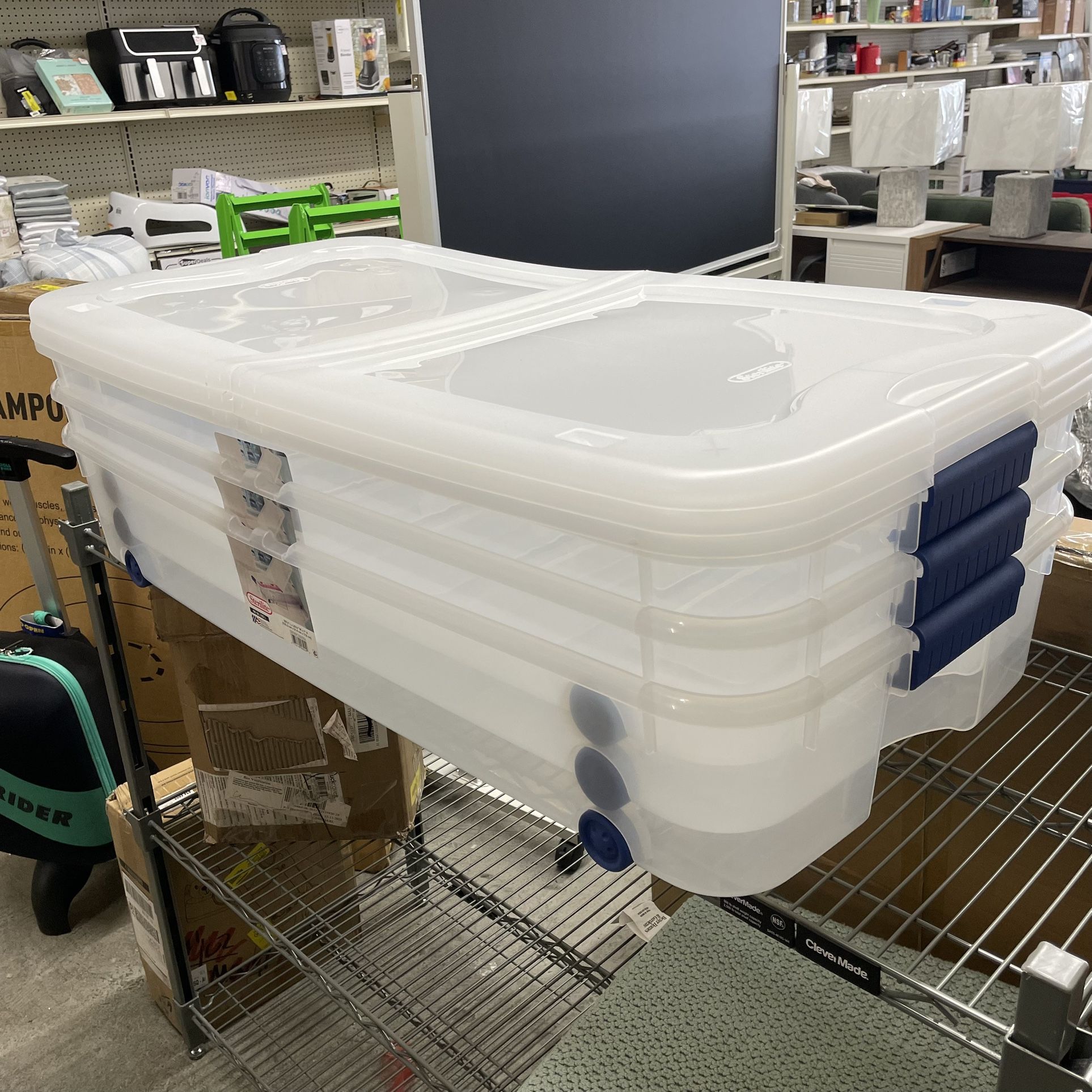 3 pack, Sterilite Latching Wheeled Storage Bin, 66 Quart Clear Underbed Storage Container with Latch Lid, Blue