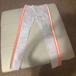 White Skinny Jeans with Neon Orange Side Stripe