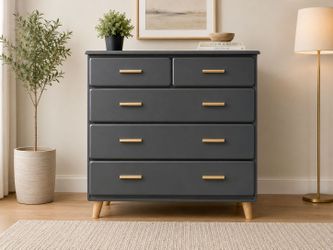 Refinished 5-Drawer Dresser – Charcoal Gray & Brass – Solid Wood - Modern Tapered Legs