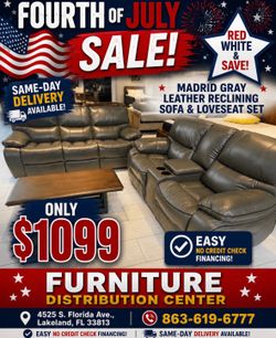 Fourth of July sale now. Madrid, gray leather reclining sofa and loveseat set $1099. Easy finance. Same-day delivery.