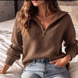 Women’s Brown Waffle Knit Quarter Zip Sweater XL Cozy Oversized Pullover Casual