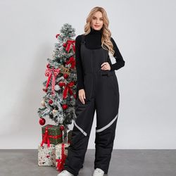 Women Men's Ski Overalls Black Waterproof Zipper Snow Bibs Ski Pants Windproof Insulated Overalls