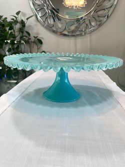 MCM Fenton Silver Turquoise cake stand -milk glass