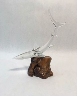 Handmade Art Glass Shark on Driftwood Block Decorative Glass Piece