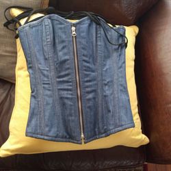 Blue Denim Zipper Gothic Steampunk Costume Overbust Corset Top for Women

 M/S