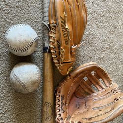 Two Baseball Gloves, Two Softballs And One Baseball Bat