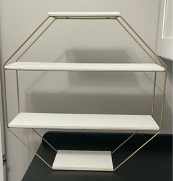 Octagon Floating Wall Shelves with Metal Frame, Gold and White