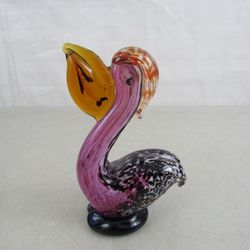 Murano Style Glass Pelican Bird Sculpture with Fish in Mouth 7" Tall
