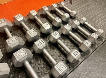 The Couple's Set... Cast Iron Hex Dumbbells: 5s, 8s, 10s, 12s, 15s, 20s, 25s and 30 pounders. Brute W= 250#