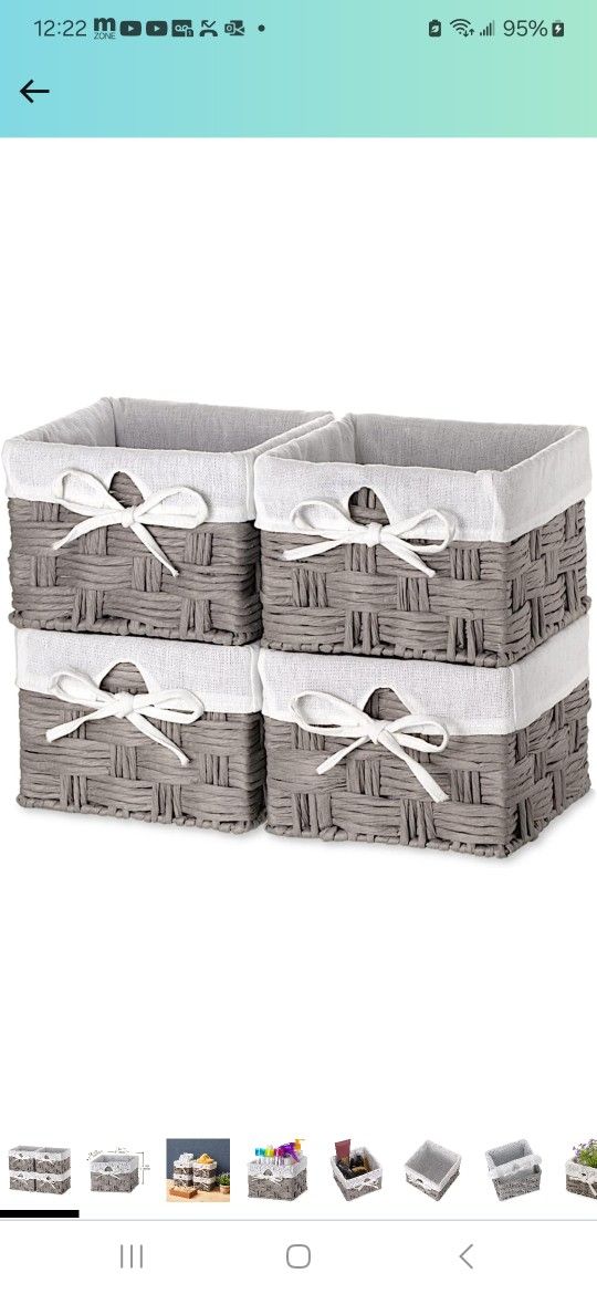 EZOWare Set of 4 Woven Paper Rope Wicker Storage Nesting Baskets with Liner for Nursery, Room Decor, Toys, Towels, Gift Baskets Empty - Gray (7 x 7 x 