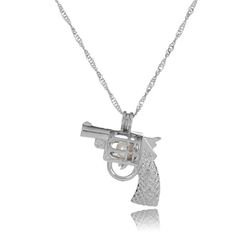 Gun Pistol Silver Alloy Handgun Pendant Luminous Pearl in Barrel Necklace,BNWT