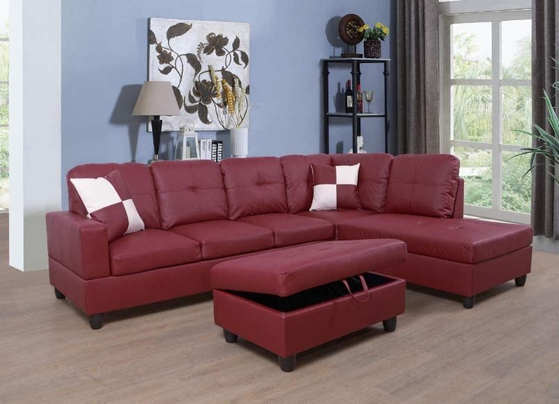 New Stock Financing Available Red Faux Leather Sectional Storage Ottoman With Pillows
