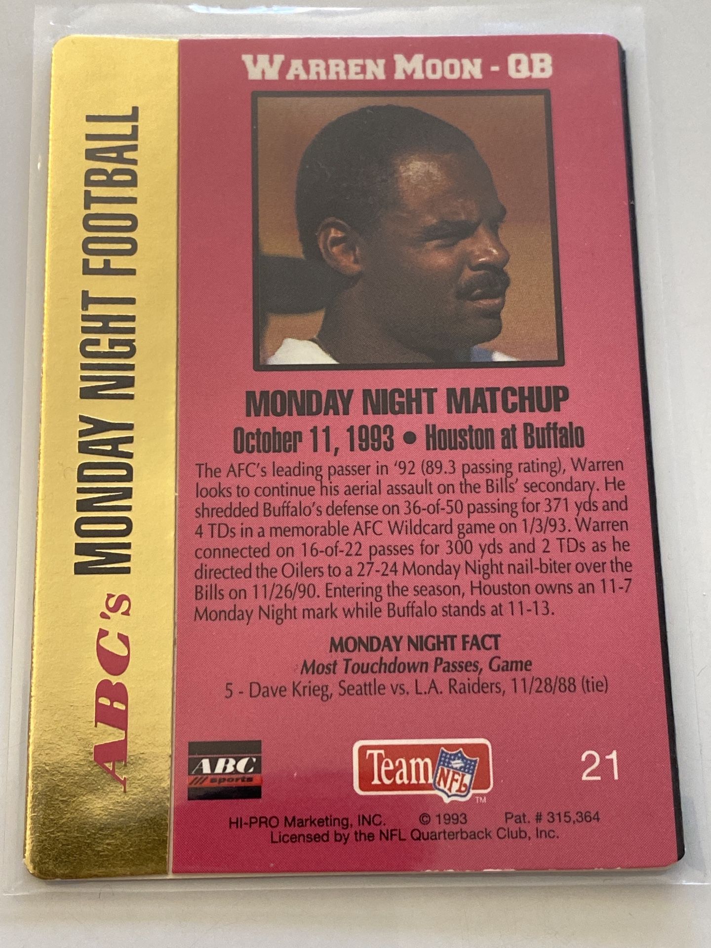 Warren Moon Houston Oilers Hall of Fame QB Action Packed Card