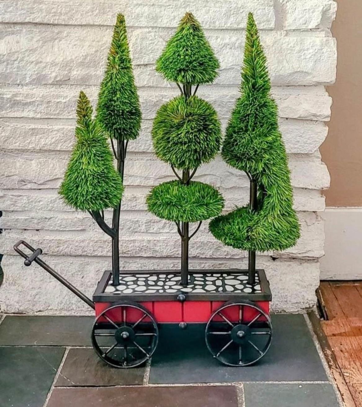 Vintage Christmas wagon w stylized pine trees Holiday decor. Rare. Heavy