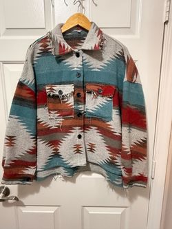 Southwestern Geometric Shacket Large Teal Rust Frayed Edge Jacket