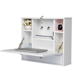 Convertible Wall Mounted Folding Desk for Small Space, Floating Laptop Table and Cabinet w/ Storage Shelves