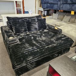 Brand New Oversize Chaise Balck Corduroy Fabric W/ 2 Cup Holder & USB OUTLET $599