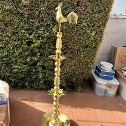 Hindu Ceremonial Brass Rooster Oil Lamp