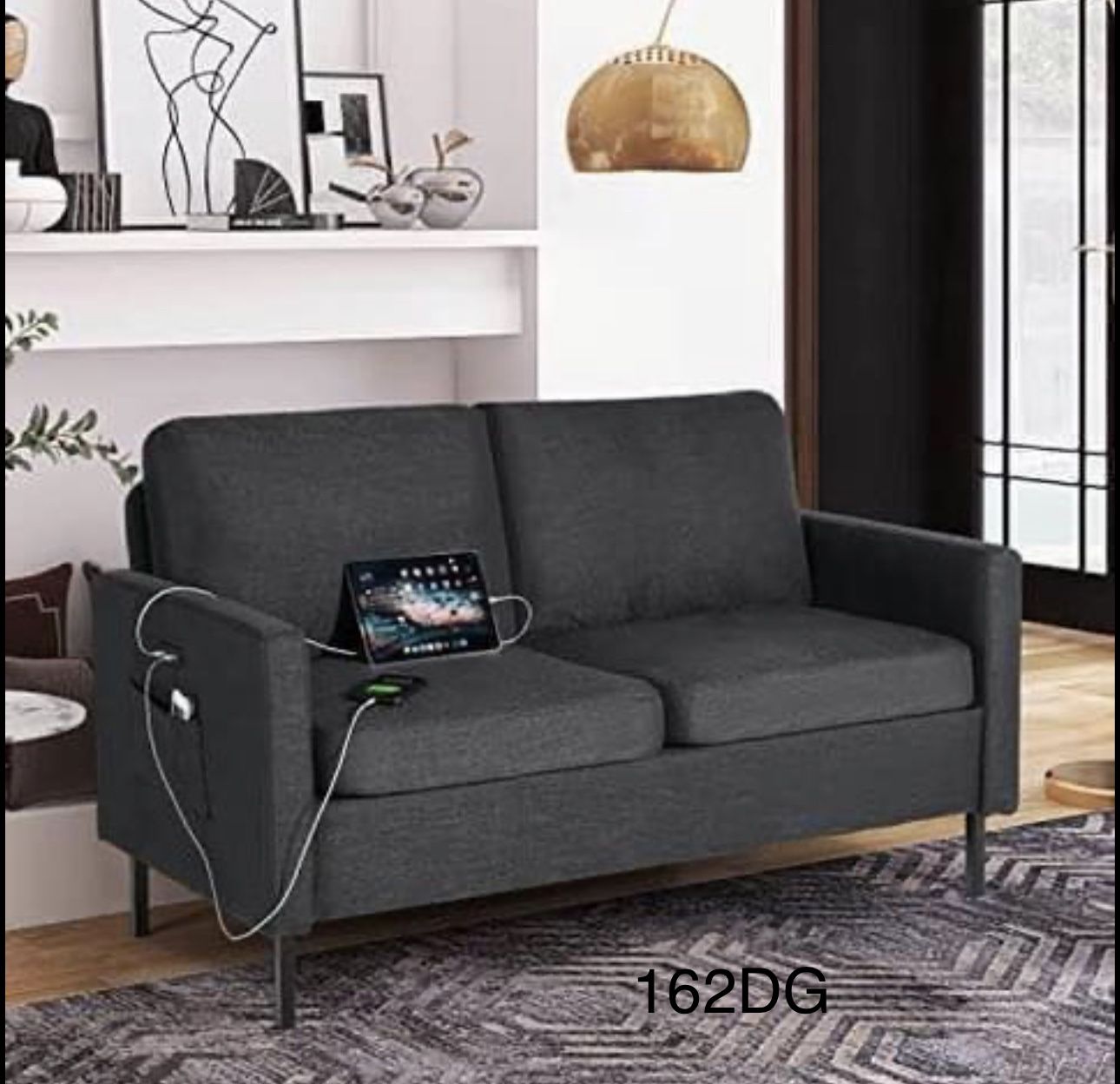 56" W Fabric Loveseat Sofa with 2 USB, Small Couches for Living Room, Bedroom, Office, Easy Assembly & Comfy Cushion, Dark Grey