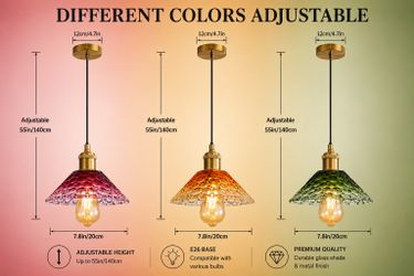 Set of 3 Colorful glass Ceiling pendant light,adjustable Hanging lamp,Thick Wavy Glass (Orange, Red,Green)