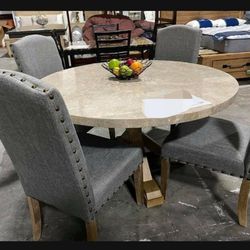 Circle Natural Marble Tabletop Dining Table And 4 Chairs🌟 Kitchen/Dining Room Set🔥Financing Options ☑️ Fast Delivery 💯 On Display 🏠
