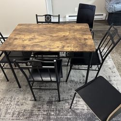 VECELO Kitchen Dining Room Table Sets for 4,Piece Metal and Wood Rectangular Breakfast Nook, Dinette with Chairs, Retro-Brown