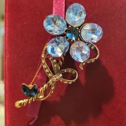 Vintage Flower Brooch Pin 2.3/4" Icy Blue, Royal Blue Crystal Rhinestones F8