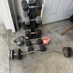 EZ bar W/ Weights , Dumbbells , & Kettle Bells