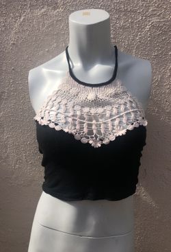 White and black halter crop top