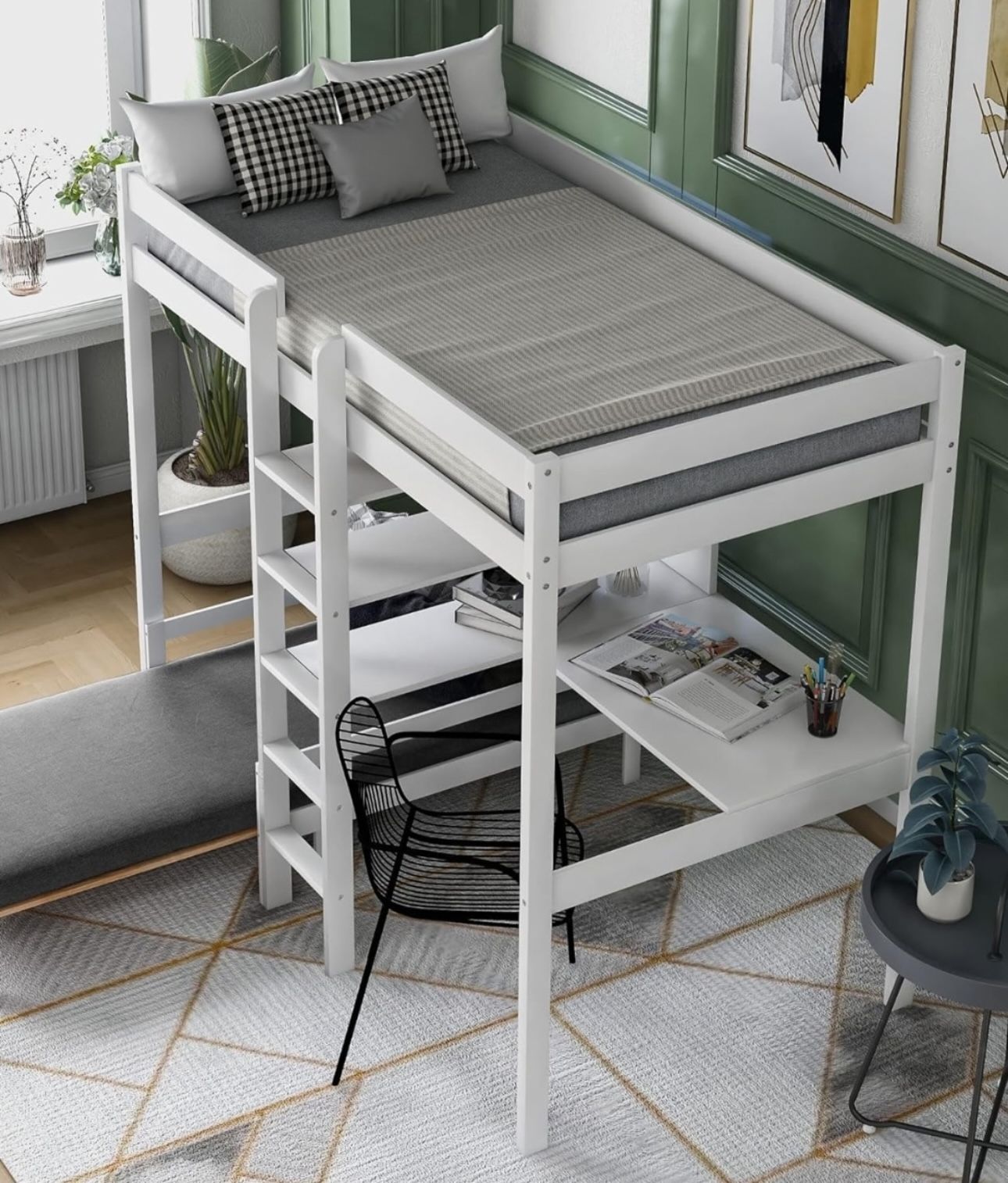 Twin Size Loft Bed with Desk, Storage Shelves and Ladder And Convertible Lower Bed