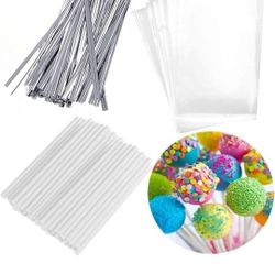 Cake Pop Sticks And WrappingSilver Lollipop Cake Pop Treat Bag Set Including 100pcs Parcel Bags, 100pcs Papery Treat Sticks, 100pcs Colorful Metallic 