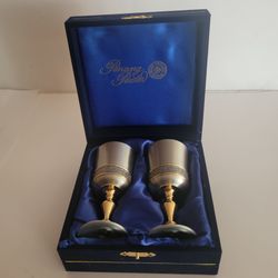 Vintage Penang Pewter 97% Malaysia Wine Goblets Chalices Set of 2 Gold Trim. Comes with original box. Each 5.5" tall, weigh of each goblet is 9.5oz.