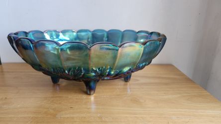 Vintage Carnival Glass Fruit Bowl Iridescent Blue Centerpiece