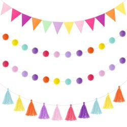Irenare 9.8 ft Christmas Pom Pom Garland Rainbow Pennant Banner Colorful Felt Tassel Banner Christmas Tree Decoration Pompom Party Garlands for Classr
