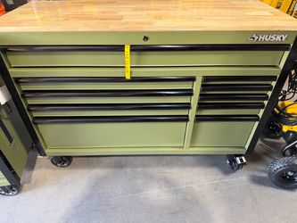 Husky Standard-Duty 52 in. W 10-Drawer Matte Army Green Mobile Workbench Cabinet with Solid Wood Top