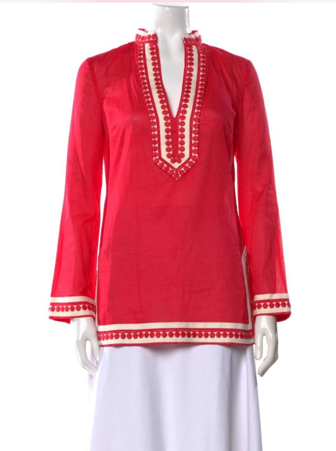 Coral red Tory Burch embroidered tunic top with long sleeves and V-neckline Size Small