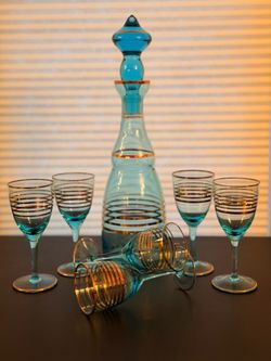 🍾 Vintage Aqua/Turquoise Glass Decanter Set with Gold Bands (7 Pieces)
