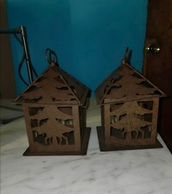 Rustic Moose Evergreen Pillar Candle Lantern Luminaire set of 2
